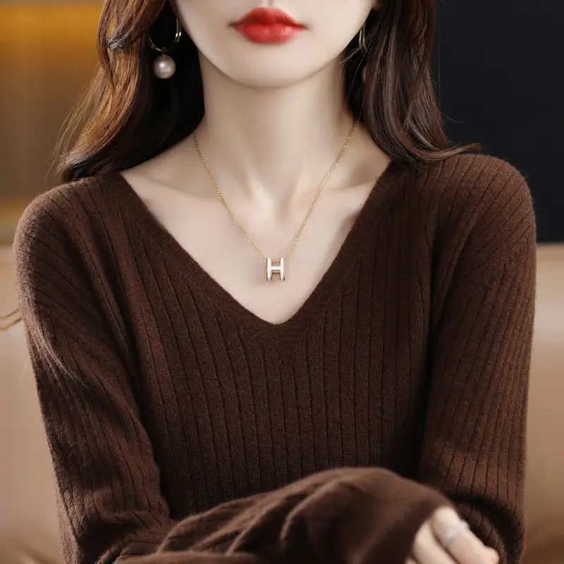 Women's Black Knitted V Neck Pullover Sweater Low Collar
