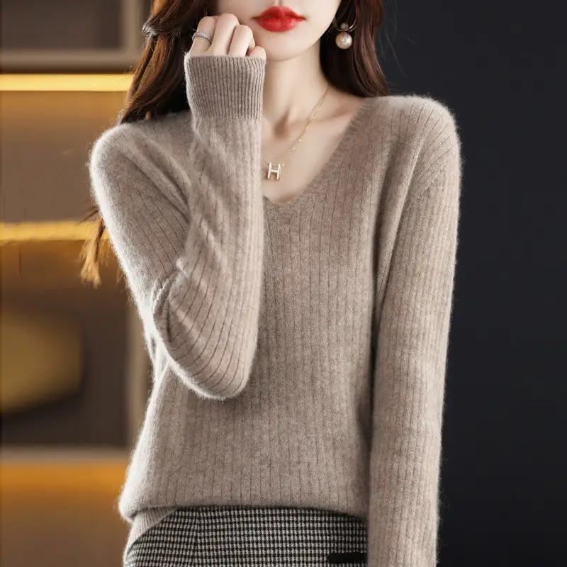 Women's Black Knitted V Neck Pullover Sweater Low Collar