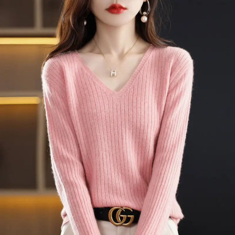 Women's Black Knitted V Neck Pullover Sweater Low Collar