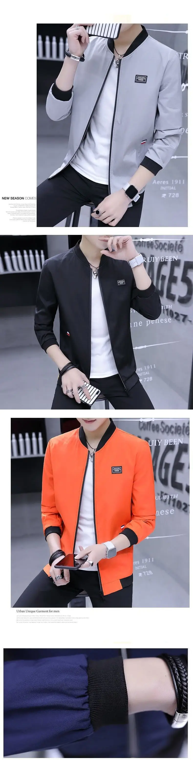 Men Slim Fit Baseball Coat Blue Fleece Lining — feature 6