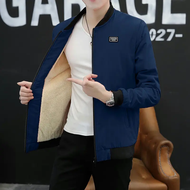 Men Slim Fit Baseball Coat Blue Fleece Lining - Image 10
