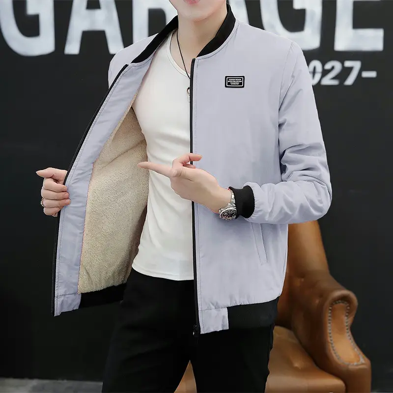 Men Slim Fit Baseball Coat Blue Fleece Lining - Image 9