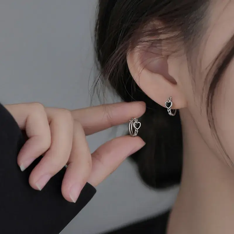 925 Sterling Silver Black Love Ear Ring Women 2022 New Fashion