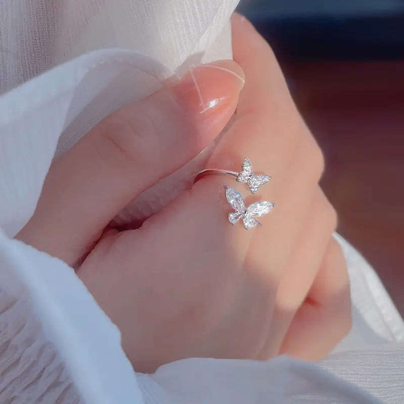 Butterfly Zircon Ring Women Adjustable Silver - Image 2