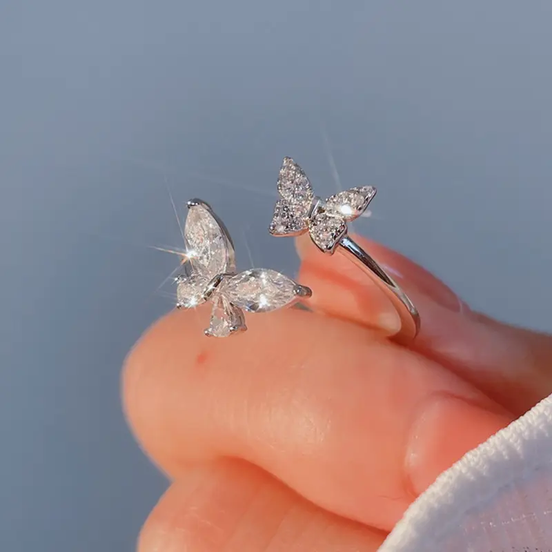 Butterfly Zircon Ring Women Adjustable Silver - Image 3
