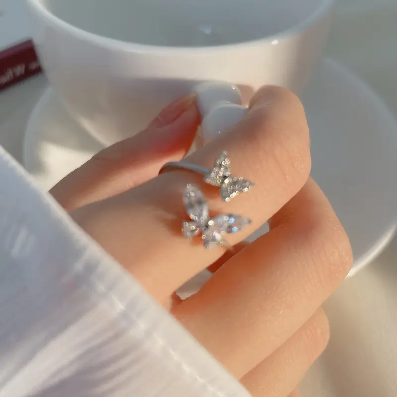 Butterfly Zircon Ring Women Adjustable Silver - Image 4