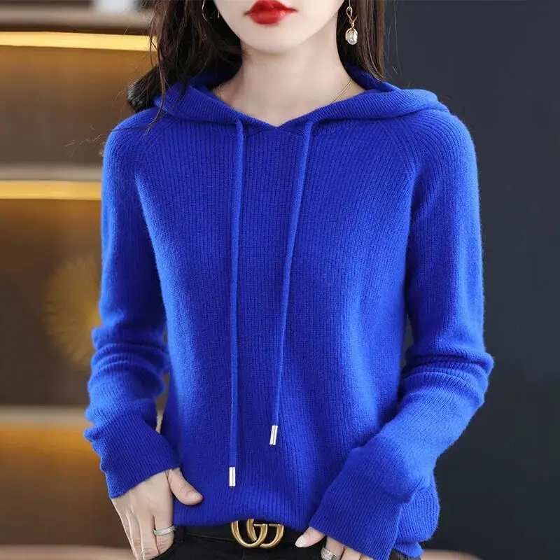 Women Blue Hooded Knit Sweatshirt Large Casual Korean Style - Image 7