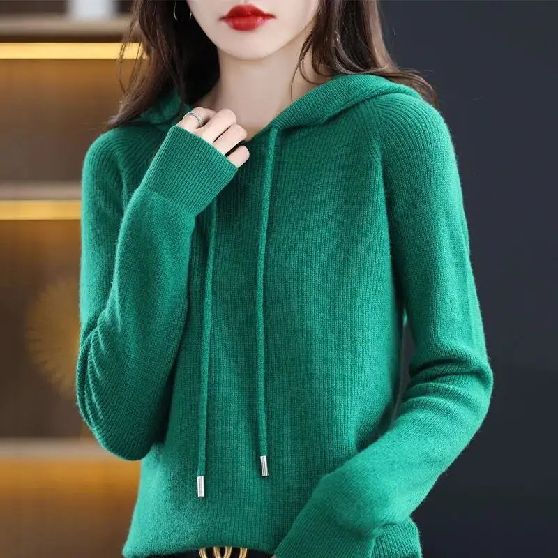 Women Blue Hooded Knit Sweatshirt Large Casual Korean Style - Image 4