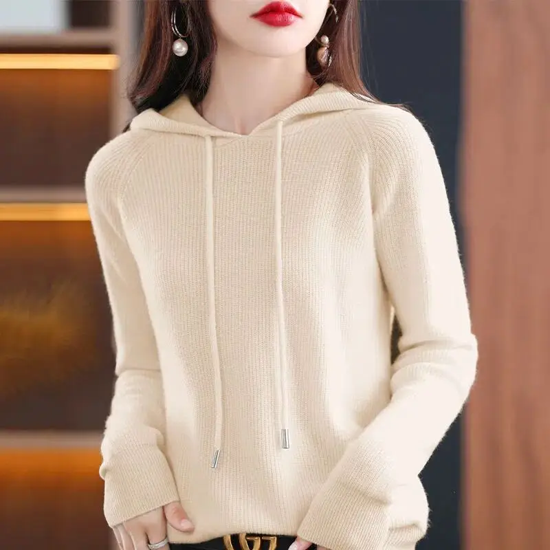 Women Blue Hooded Knit Sweatshirt Large Casual Korean Style - Image 2