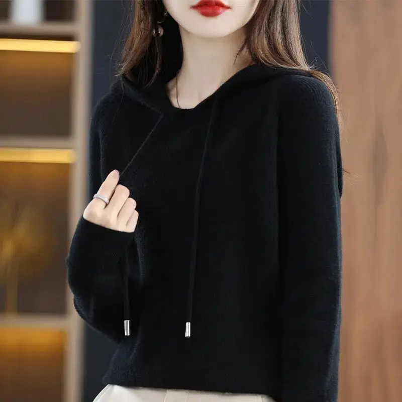 Women Blue Hooded Knit Sweatshirt Large Casual Korean Style - Image 3
