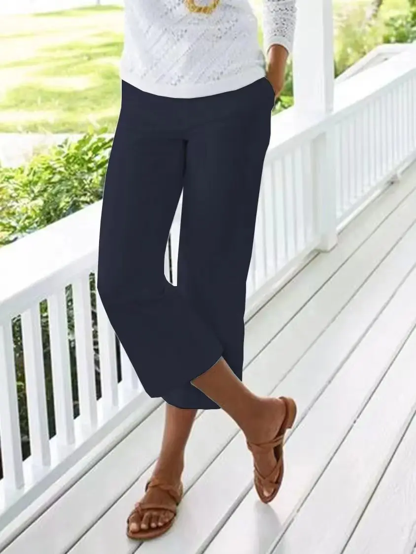 Women's Black Cropped Pants with Elastic Waist & Bamboo Cotton