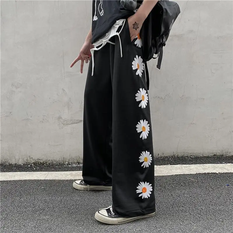 Women Korean Style Black Wide Leg Pants High Waist Loose Casual