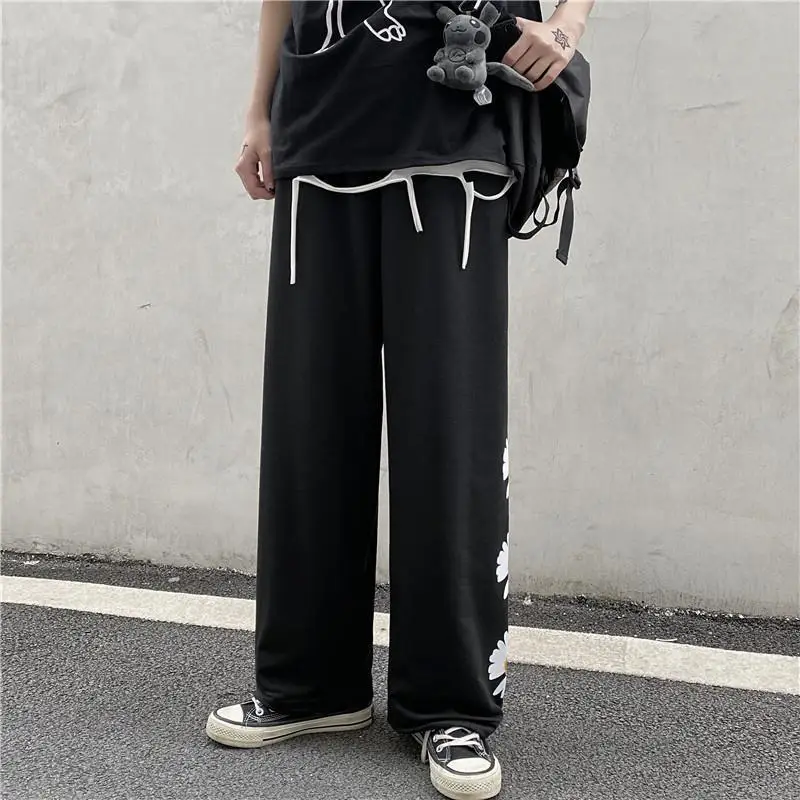 Women Korean Style Black Wide Leg Pants High Waist Loose Casual