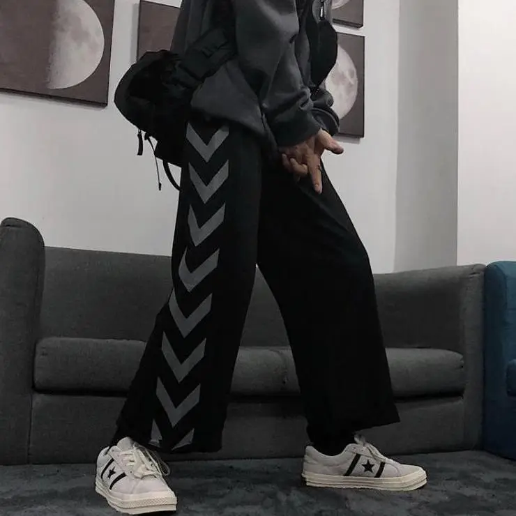 Women Korean Style Black Wide Leg Pants High Waist Loose Casual