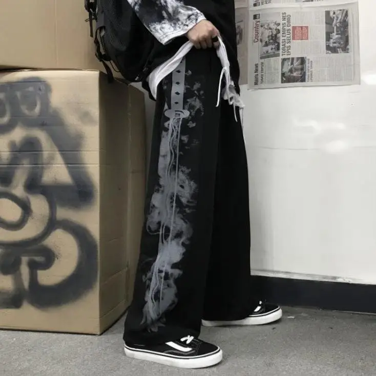 Women Korean Style Black Wide Leg Pants High Waist Loose Casual
