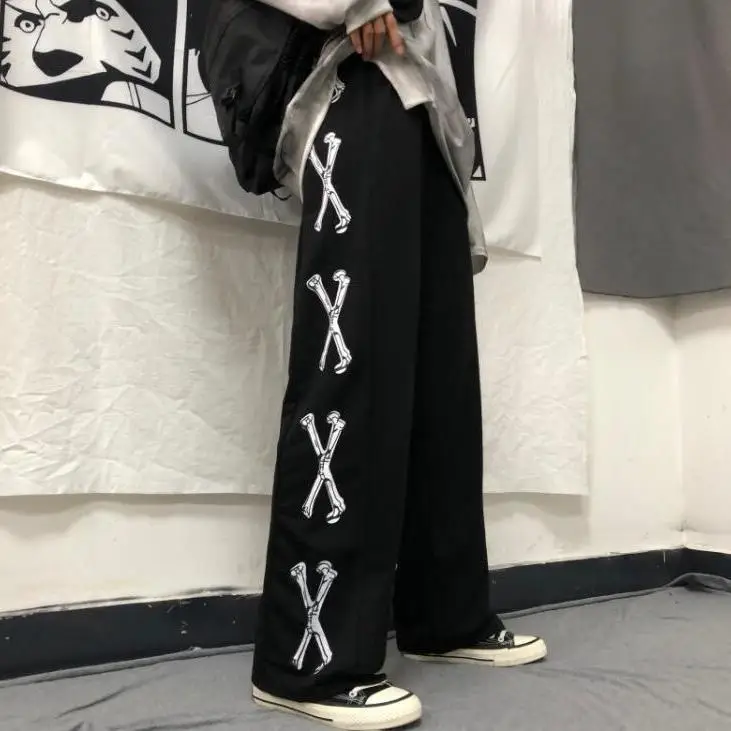 Women Korean Style Black Wide Leg Pants High Waist Loose Casual