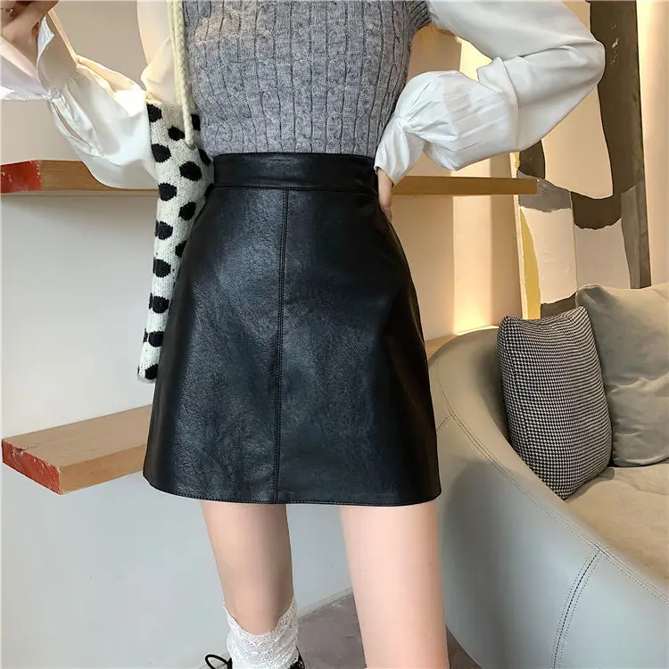 2022 Black PU Leather High Waist Anti-Slip Skirt