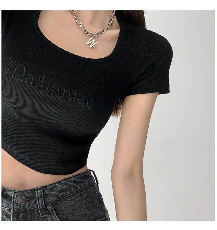 Black American Vintage Letter Embroidered Slim Fit T-Shirt - Image 8
