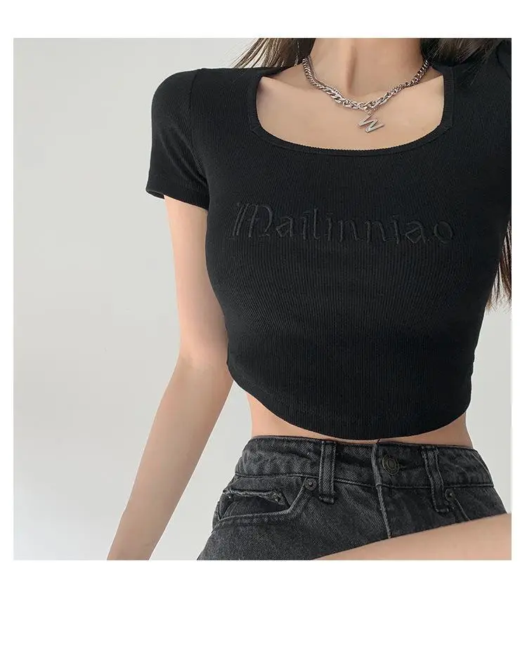 Black American Vintage Letter Embroidered Slim Fit T-Shirt — feature 28