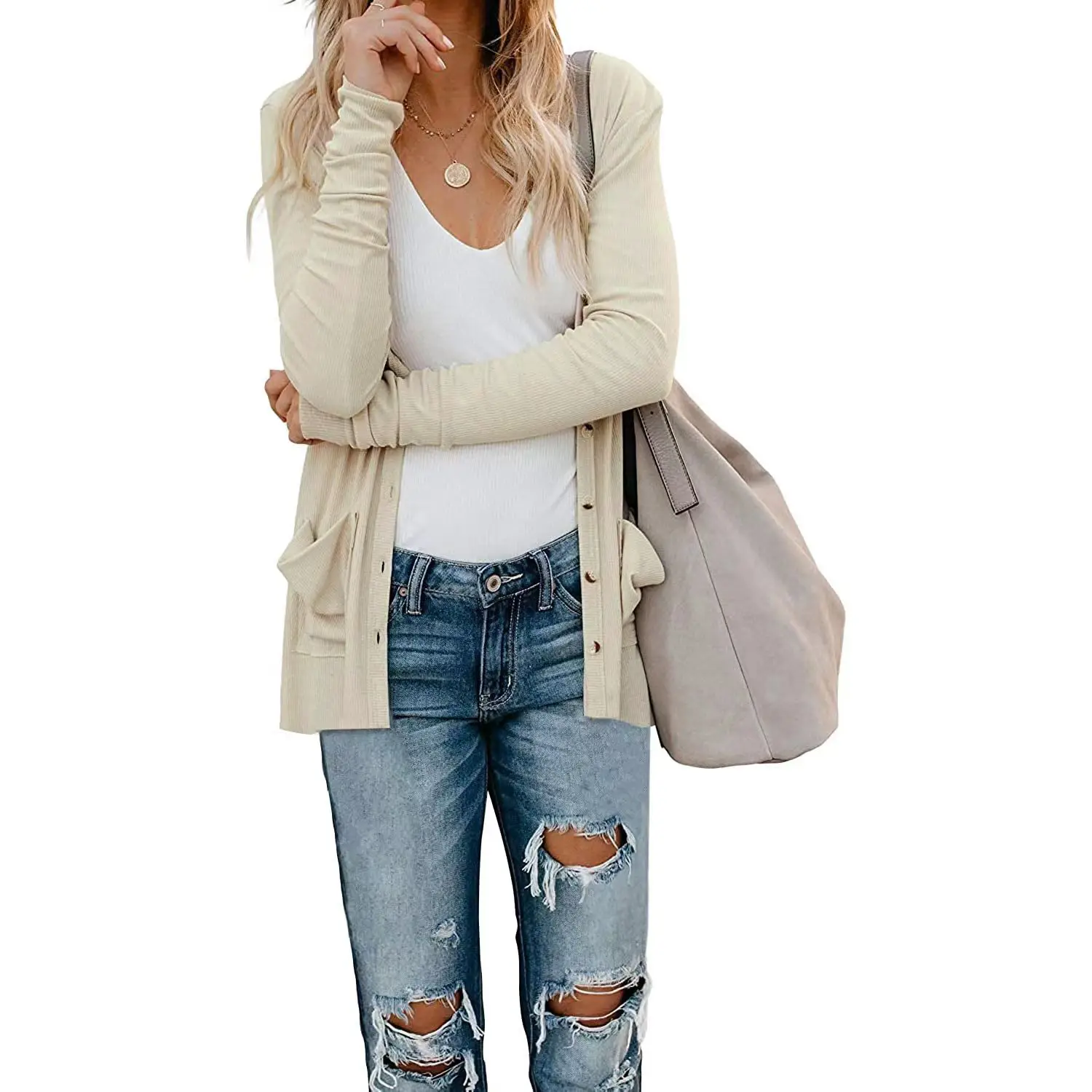 Women's 2025 Knitted Cardigan Long Sleeve Ribbed Button-Up Top - Image 3