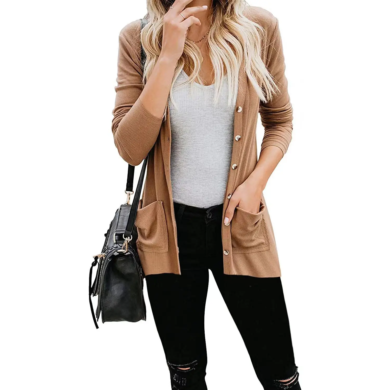 Women's 2025 Knitted Cardigan Long Sleeve Ribbed Button-Up Top - Image 5