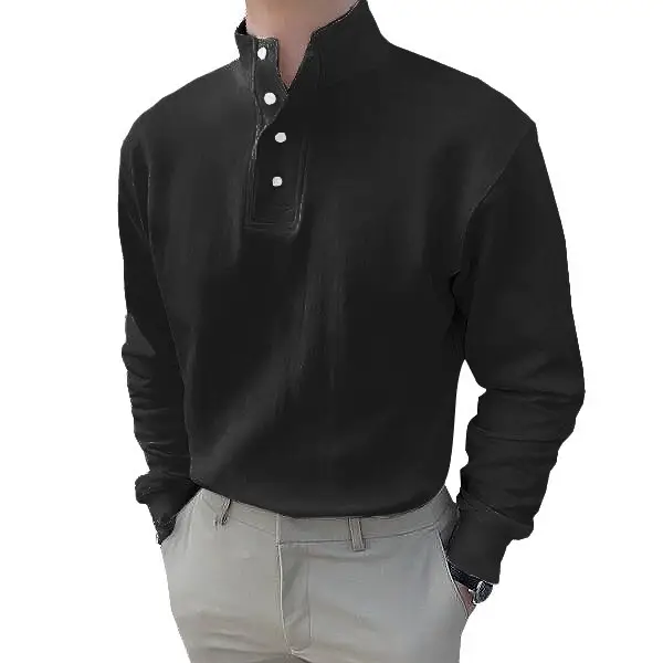 Men Black Polo Button Shirt Long Sleeve Spring Summer - Image 7