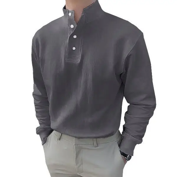 Men Black Polo Button Shirt Long Sleeve Spring Summer — feature 7