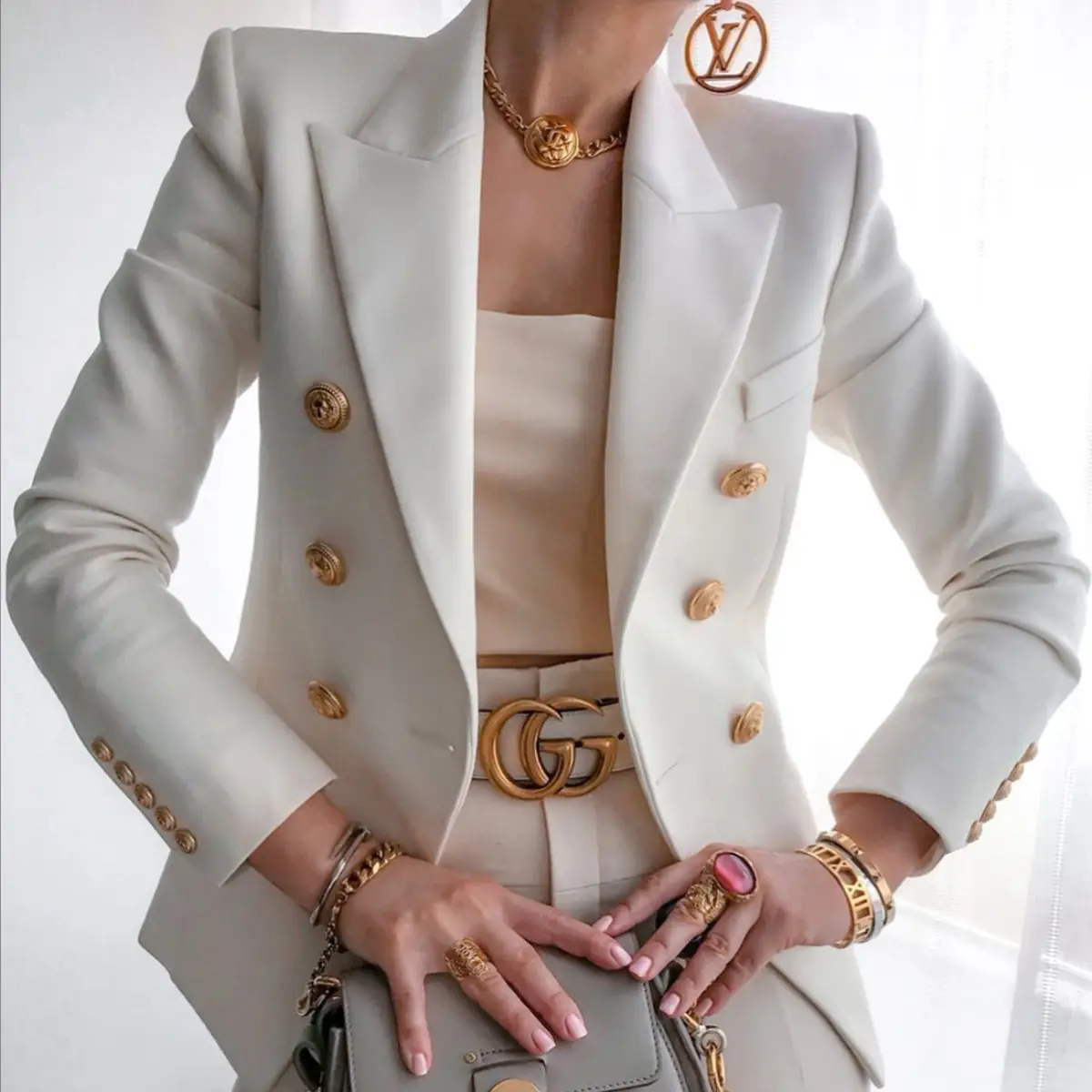 2025 Women's Tan Wool Blazer Suit with Gold Buttons — feature 60