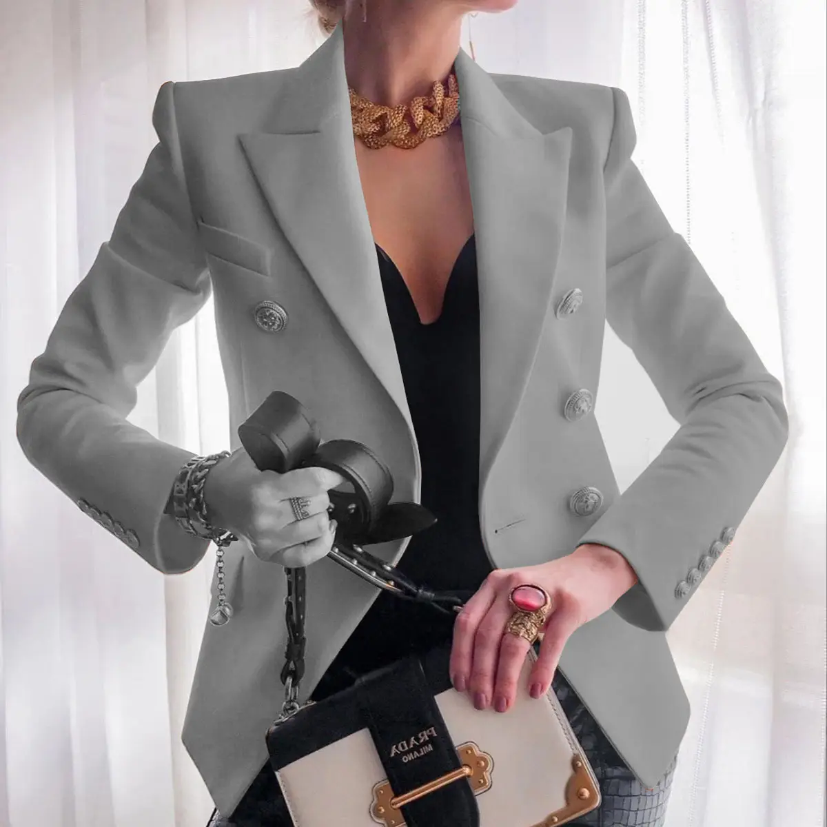 2025 Women's Tan Wool Blazer Suit with Gold Buttons - Image 5