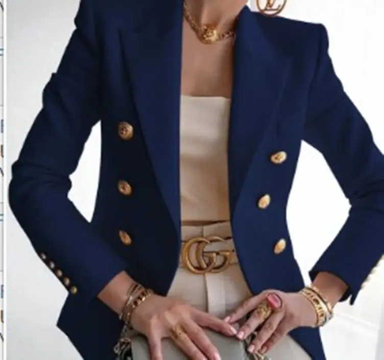 2025 Women's Tan Wool Blazer Suit with Gold Buttons - Image 9