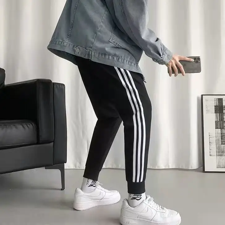 Men's Black Three-Bar Sports Pants Running Straight Leg — feature 11