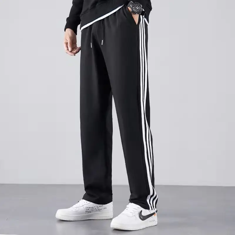 Men's Black Three-Bar Sports Pants Running Straight Leg — feature 7