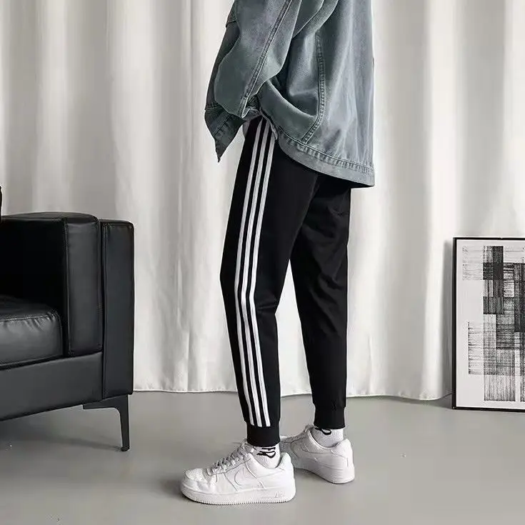 Men's Black Three-Bar Sports Pants Running Straight Leg — feature 8