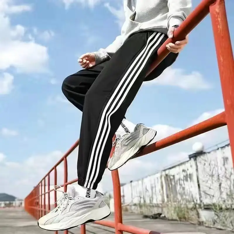 Men's Black Three-Bar Sports Pants Running Straight Leg - Image 3