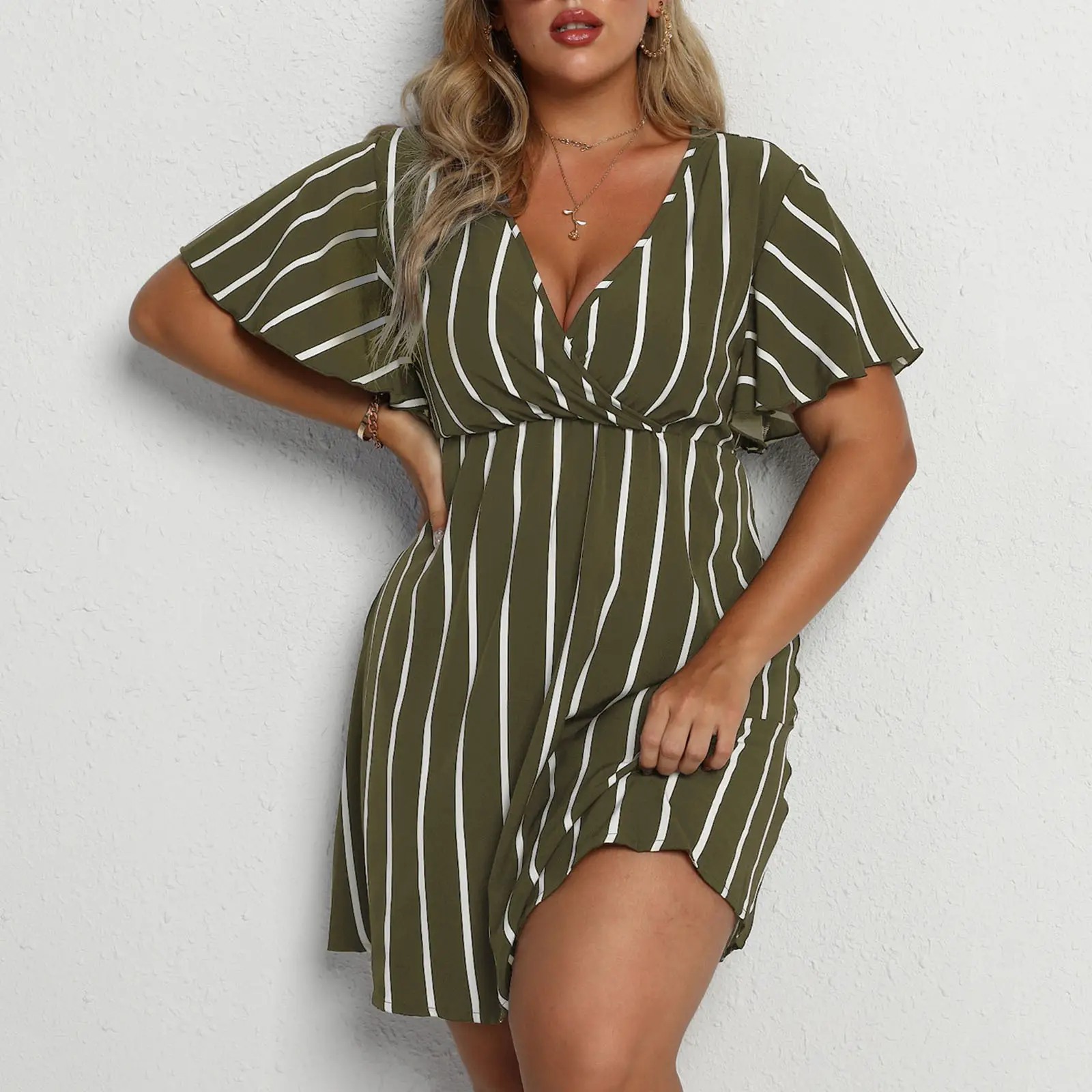 Plus Size Striped V-Neck Dress Red White - Image 8