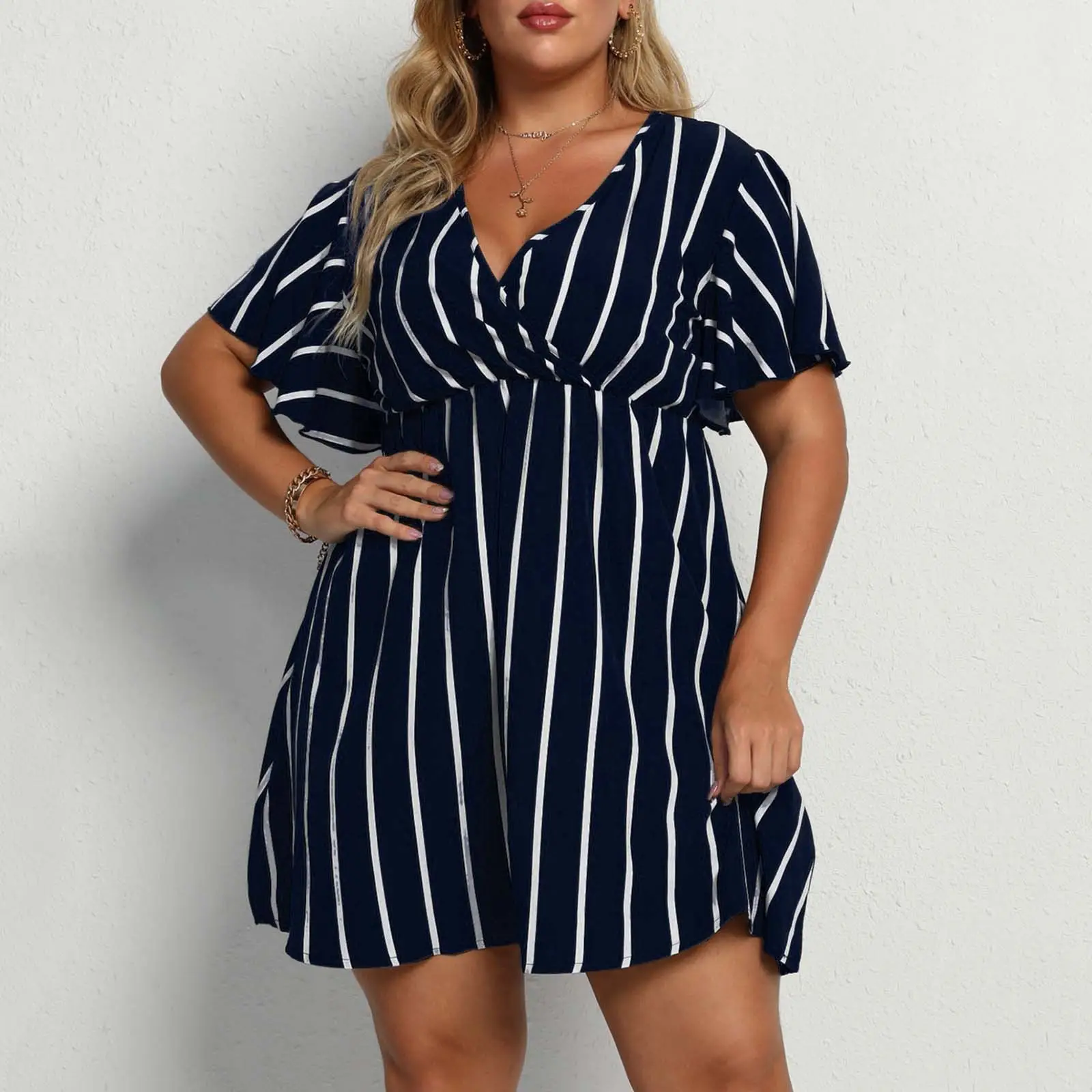 Plus Size Striped V-Neck Dress Red White - Image 4