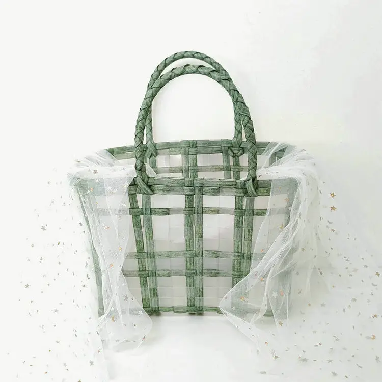 Transparent Woven Handbag with Star Moon Yarn Decoration