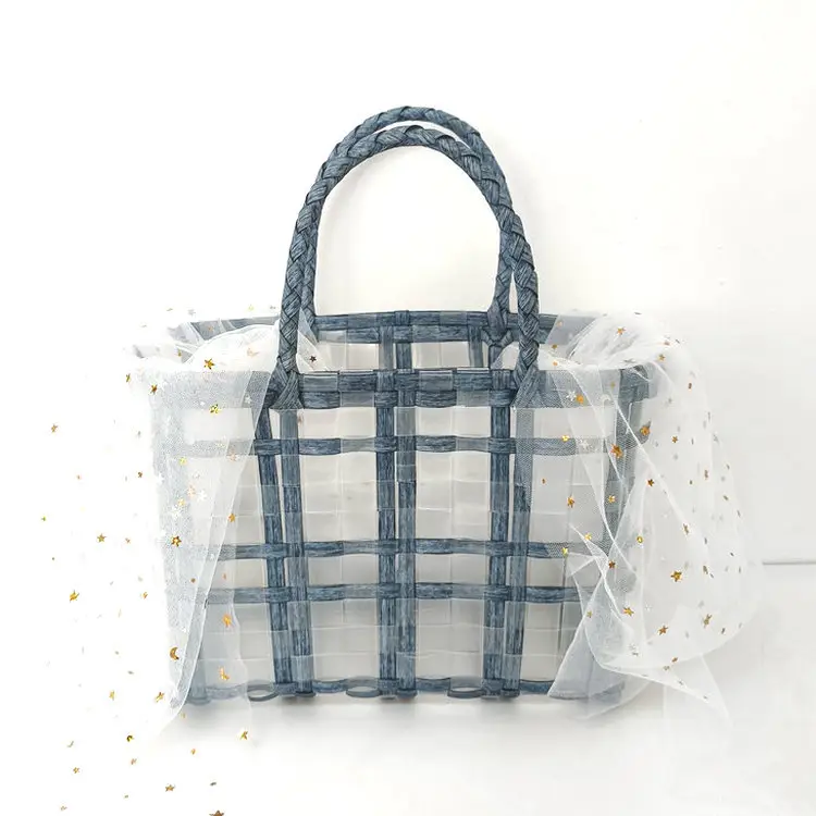 Transparent Woven Handbag with Star Moon Yarn Decoration