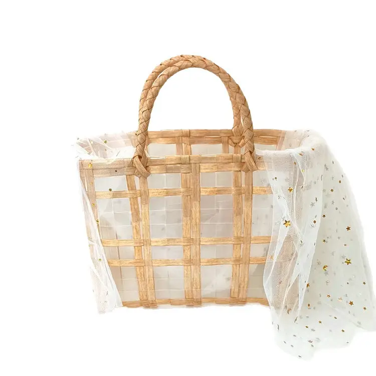 Transparent Woven Handbag with Star Moon Yarn Decoration