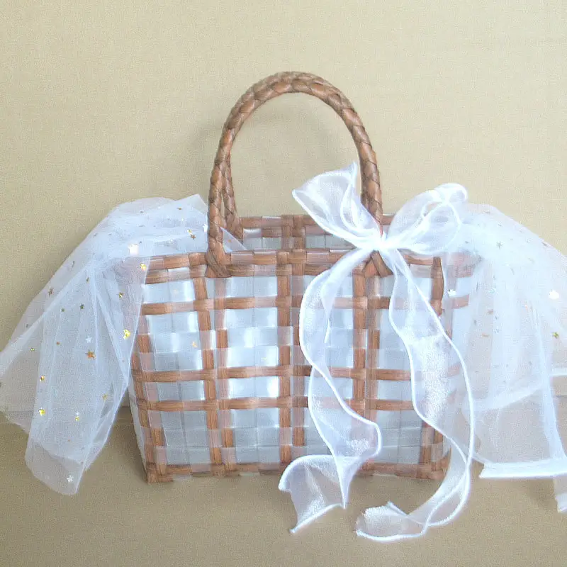 Transparent Woven Handbag with Star Moon Yarn Decoration