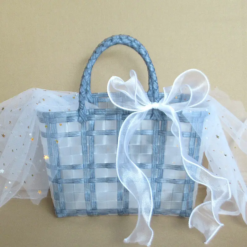 Transparent Woven Handbag with Star Moon Yarn Decoration