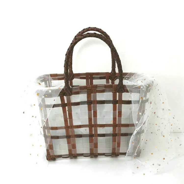 Transparent Woven Handbag with Star Moon Yarn Decoration