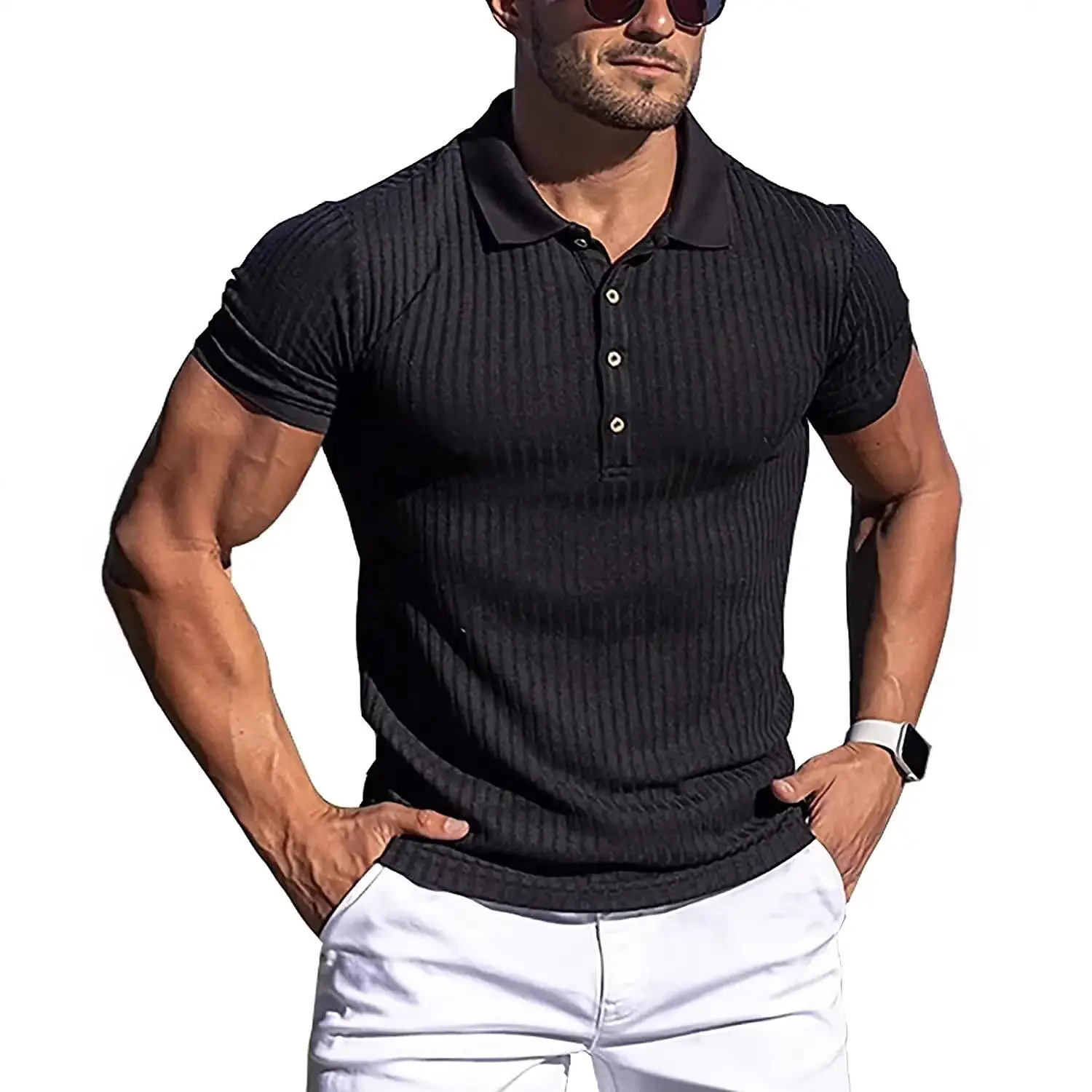 Men's Red Ribbed Polo Shirt Slim Fit Short Sleeve