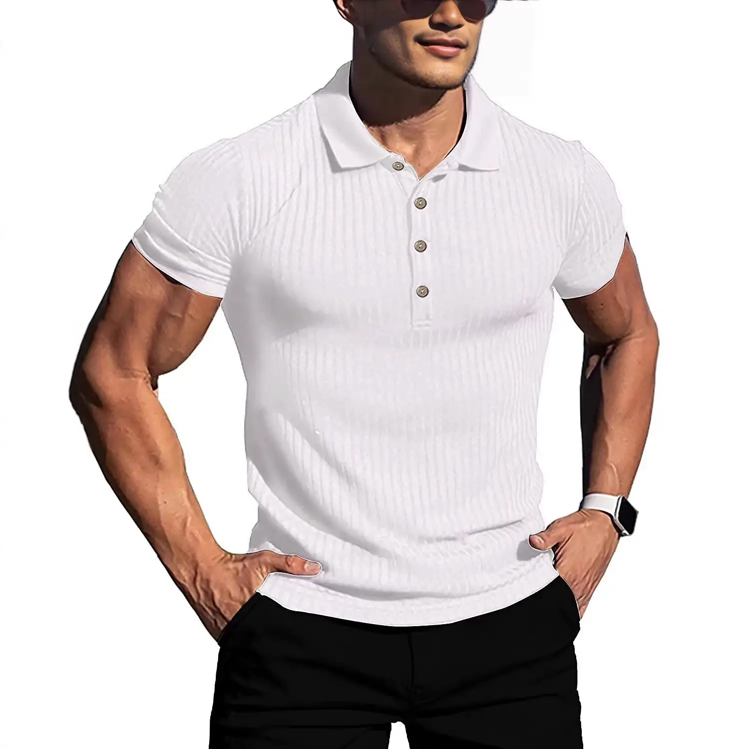 Men's Red Ribbed Polo Shirt Slim Fit Short Sleeve