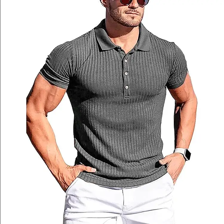 Men's Red Ribbed Polo Shirt Slim Fit Short Sleeve
