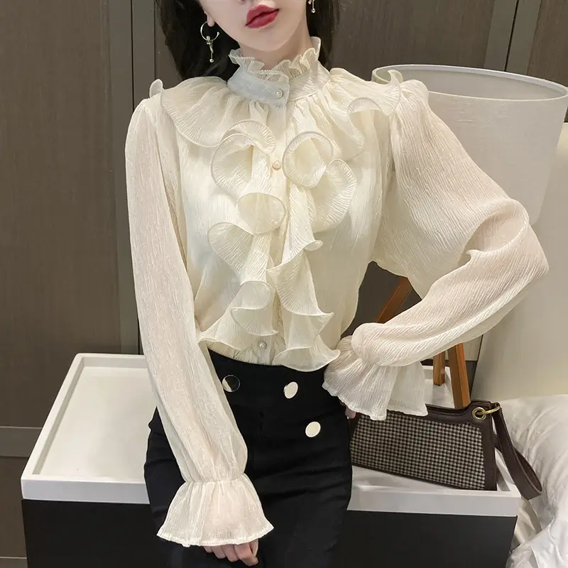 White Ruffled Chiffon Long Sleeve Shirt for Women - Image 4