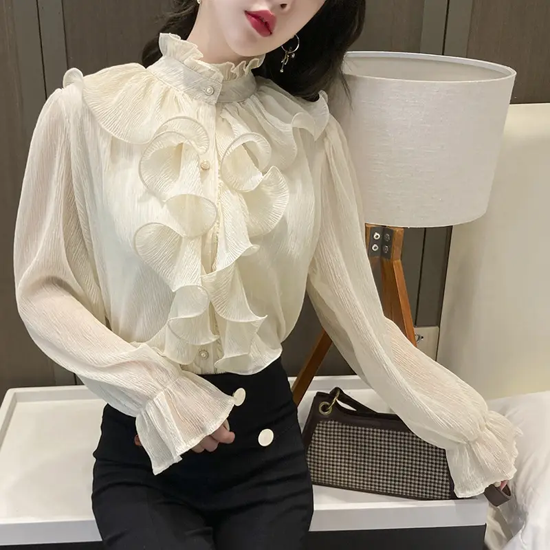 White Ruffled Chiffon Long Sleeve Shirt for Women - Image 5