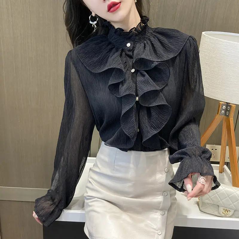 White Ruffled Chiffon Long Sleeve Shirt for Women - Image 6