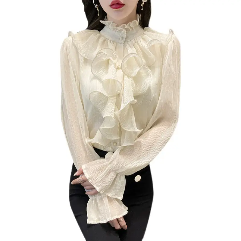 White Ruffled Chiffon Long Sleeve Shirt for Women - Image 7