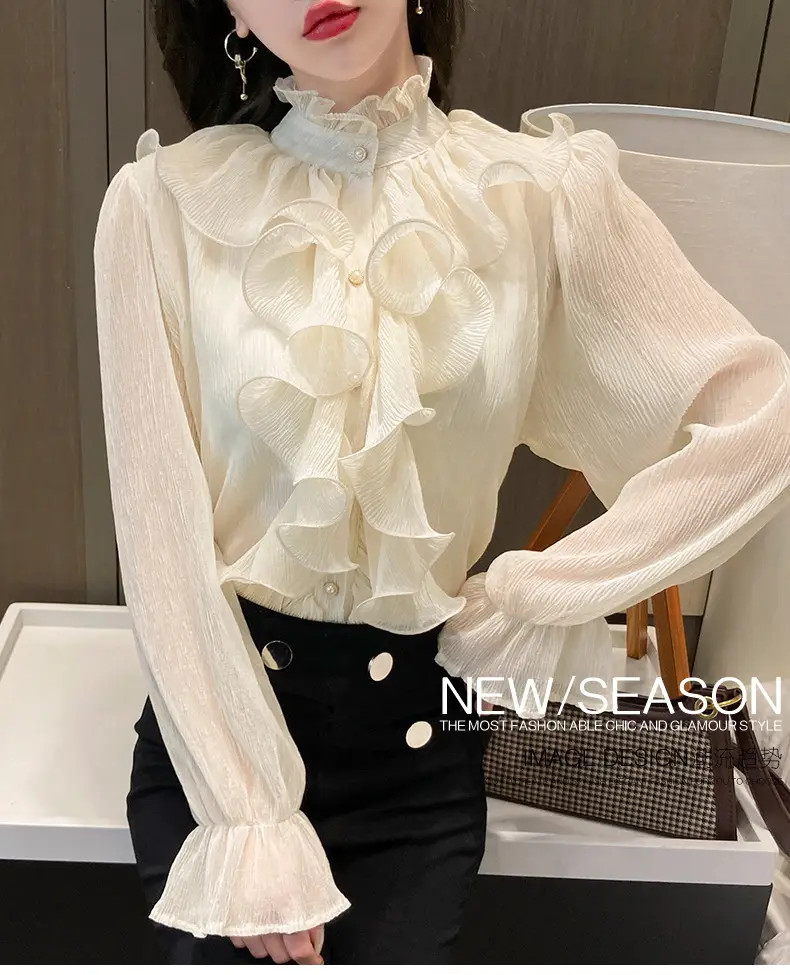 White Ruffled Chiffon Long Sleeve Shirt for Women — feature 1
